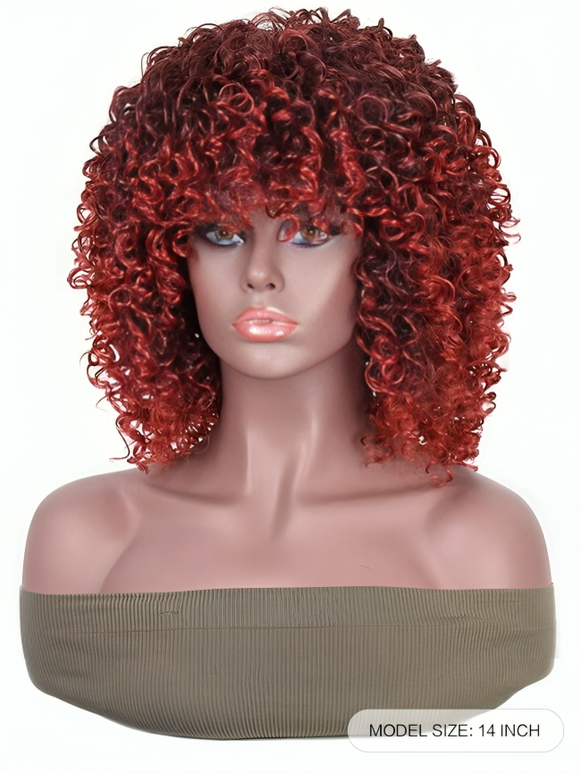 Super Double Drawn Wine Red Curly Fringe Wig-250g