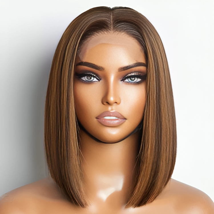 Glueless Brown Highlights Blunt Cut Bone Straight